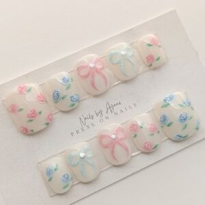 Hand painted Rose & Ribbon Press-On Nails | Pink & Blue Floral | 10pcs